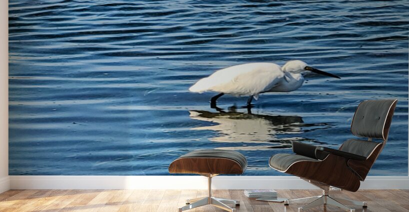 The Silent Hunt: A Lone Heron in Blue Wall Murals