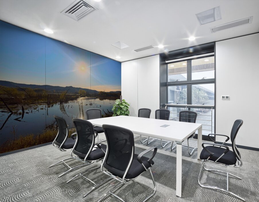 Sunrise Over Tranquil Wetlands with Sunbeam Reflection Wall Printing